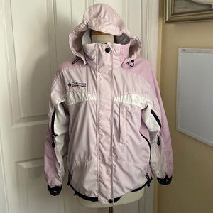 Pink and white Columbia jacket. Size small. Can be layered. Great for skiing!